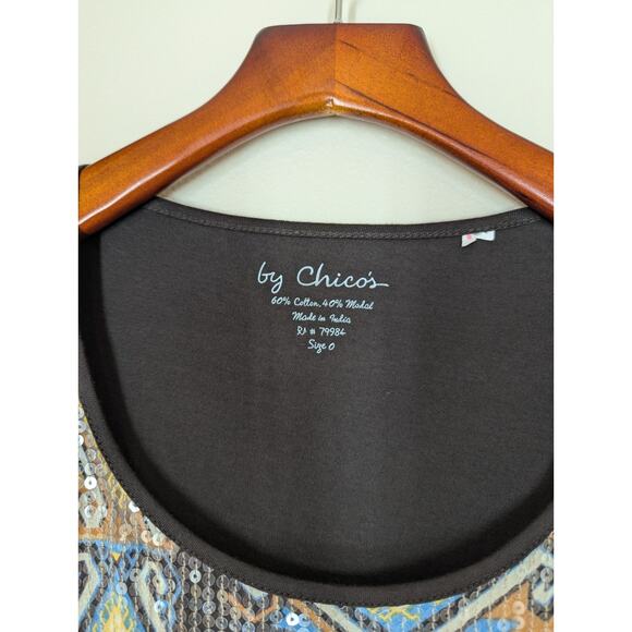 Chico's Women's Y2K Western Sequin Scoop Neck Tank Top Shirt Brown Size 0 XS - Picture 2 of 9